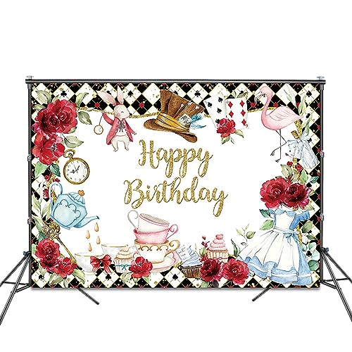 Fitumiw Wonderland Birthday Backdrop 7x5ft Tea Party Happy Birthday Background Party Decorations for Kids Fairy Tale Banne...