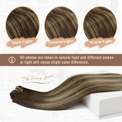 Ve Sunny Clip in Human Hair Extensions Dark Brown Balayage Caramel Blonde Human Hair Clip in Extensions 14inch Short Hair Extensions Real Human Hair Clip ins 100g 7Pcs