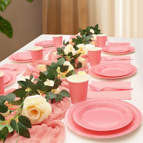 CENLBJ Pink Paper Plates and Napkins, Disposable Party Supplies, 50 of Each 9’’ Pink Plate, 7’’ Dessert Plates Napkins Cup...