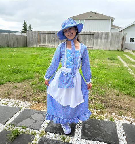 Meland Pioneer Dress for Girls - Colonial Floral Costume with Bonnet, Apron & Purse, Pionner Outfit for Girls 3-10 Years
