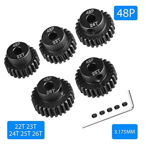 AIMROCK 5-Pack 48P RC Motor Pinion Gears Set: 22T 23T 24T 25T 26T Upgrade Parts for 1/10 RC Car 3.175mm Shaft Motor