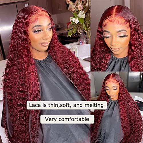 99j Burgundy Lace Front Wigs Human Hair Deep Wave 13x4 Hd Lace Frontal Wigs for Black Women Glueless Wigs Human Hair Pre Plucked Deep Curly Wet and Wavy Red Colored Lace Front Wig (26 Inch)