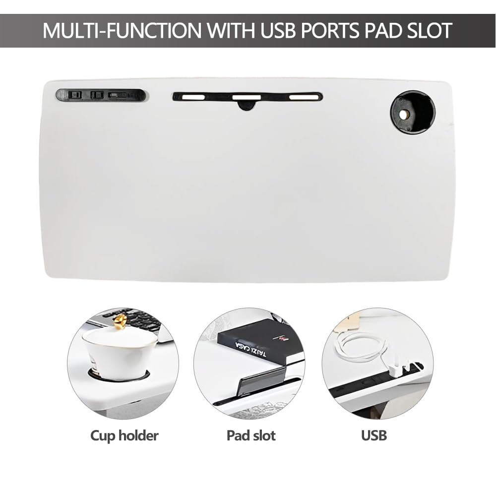 Over Bed Table Pneumatic Adjustable Height Stand Desk with Hidden Wheels USB Ports Pad Slot Mobile Laptop Standing Desk Cart, Podium Table (White, 32X16 inshes)