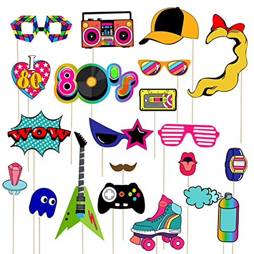 LUOEM 21pcs 80's Photo Booth Props Funny Birthday Party Photo Props with Wooden Sticks Creative Party Supplies, for 1980s ...