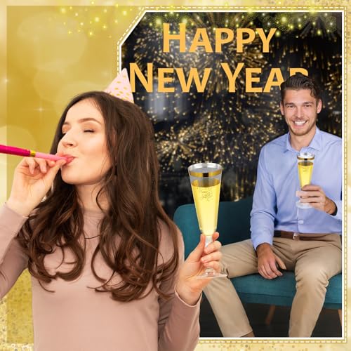 Jingmore 48 Pack 2026 Happy New Year Gold Rimmed Plastic Champagne Flutes Cheer to 2026 Celebration New Years Eve Party Su...