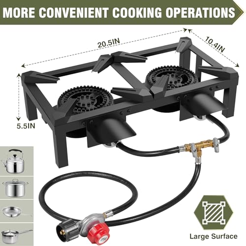 BESTFIRE Double Burner Propane Camping Stove with Independent Control Valves & 5PSI Hose - Heavy Duty Portable Outdoor Coo...