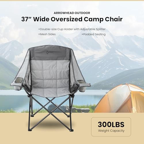 ARROWHEAD OUTDOOR Oversized Folding Camp Chair w/Adjustable Double Sized Cup Holder, Mesh Sides, Inner Pockets, Carry Bag,...