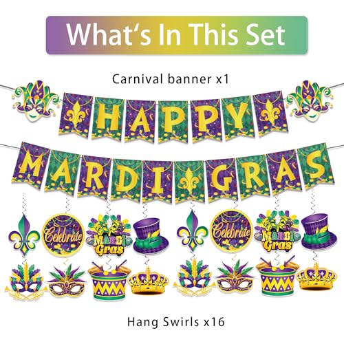 34Pcs Mardi Gras Party Decorations, Mardi Gras Banner and Masquerade Hanging Decorations, Mardi Gras Party Supplies Banner...
