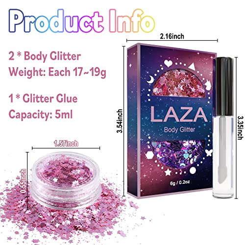 Laza 2 Jars Body Glitter for Valentine’s Day Hair Accessories Heart Glitter Chunky Sequins with Glitter Glue for Women Eye...