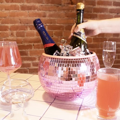 NPW Pink Disco Ball Ice Bucket – Holiday Christmas Party Decor & Bachelorette Gift, Disco Champagne Bucket for Girls’ Night