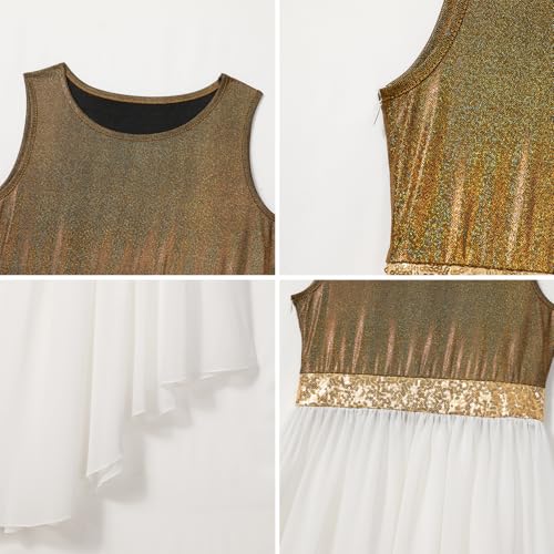 ODASDO Girl Praise Dance Dress Sleeveless Asymmetrical Overlays Tunic Tops Metallic Color Block Liturgical Worship Dancewear