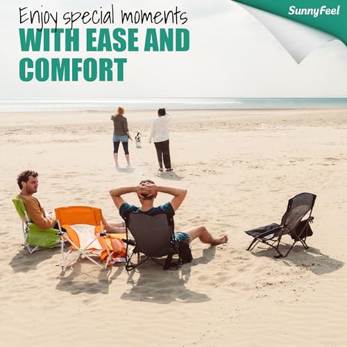 SUNNYFEEL Folding Low Camping Beach Chair 2 Pack, Lightweight Portable Lawn Chair with Mesh Back, Cup Holder for Outdoor/T...