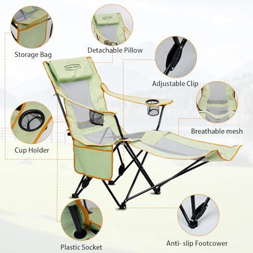 YOUNG WOOD Camping Lounge Chair, Portable Reclining Camping Chair with Foot Rest, Folding Camping Chair for Adults, Headre...