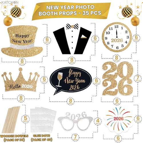 Katchon, Glitter New Years Photo Booth Props - Pack of 35 | NYE Photo Booth Props for New Years Eve Party Supplies 2026 | ...