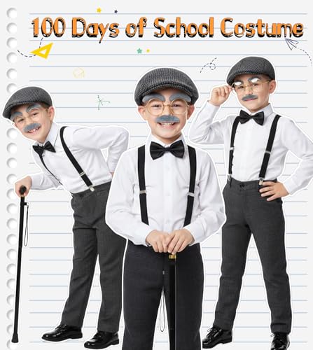 Mscawow Old Man Costume for Kids–100 Days of School Costume with Hat,Glasses,Suspenders & Cane
