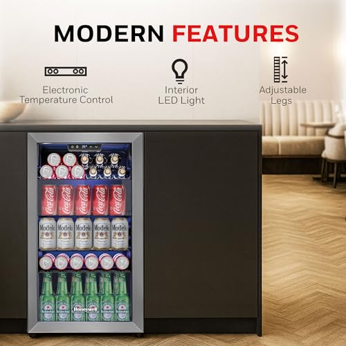 Honeywell Beverage Refrigerator and Cooler, 116 Can Mini Fridge with Glass Door for Soda Beer or Wine for Office or Bar wi...