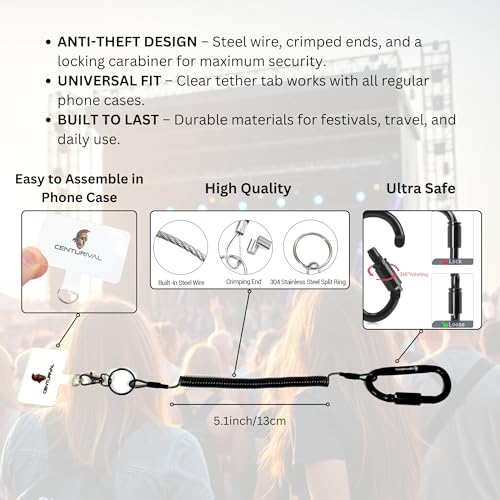 Essential Festival Safety Bundle Black – Anti-Theft Phone Strap Tether Lanyard, Mini Lock, Bottle Opener – Secure Your Bel...