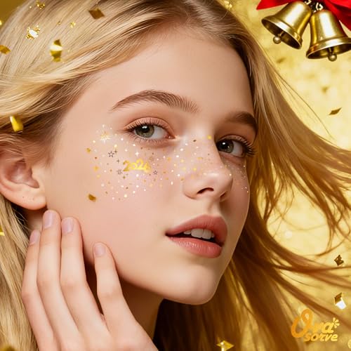 Ovasorve 2026 New Year Freckles Face Tattoo - Glittering 2026 Stars in Gold & Silver | Waterproof Face Gems for Women NYE ...