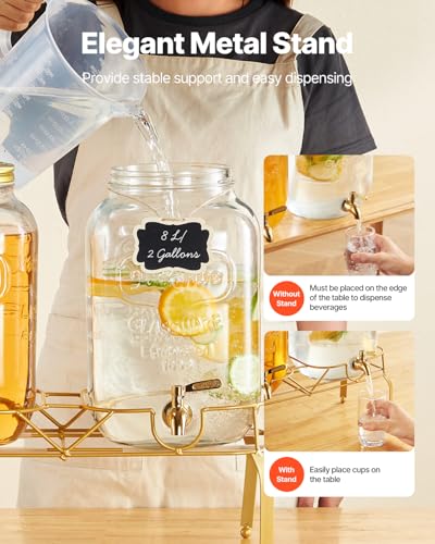 VEVOR Beverage Dispenser, 2 Pack 2 Gallon Drink Dispensers for Parties, Glass Juice Dispenser with Metal Stand, Stainless ...