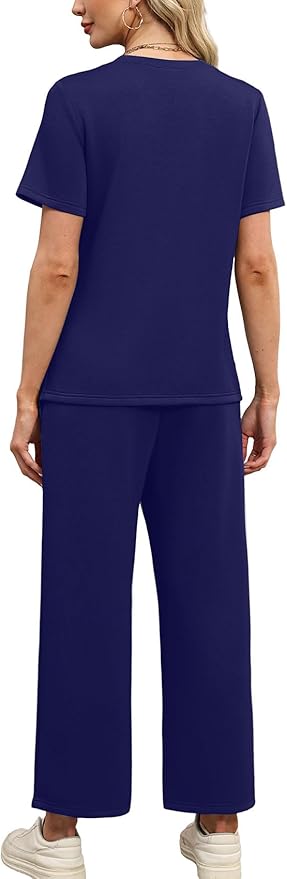 WIHOLL Two Piece Sets for Women Summer Travel Vacation Outfits Short Sleeve Lounge Sets Side Slit Wide Leg Pants S-3XL