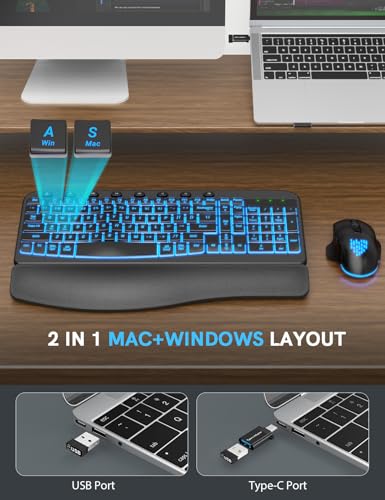 SABLUTE Ergonomic Wireless Keyboard and Mouse Combo - Wave Keyboard with Soft Leather Wrist Rest, Resistant Keys, RGB Back...