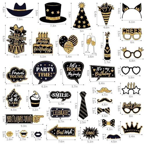 Photo Booth Props for Birthday Party,36 Pieces Black Golden Happy Birthday Selfie Props for Bday Weddings Prom Disco Mardi...