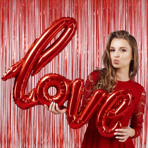 Valentines Day Backdrop Valentines Day Decorations, Melsan Red Tinsel Foil Fringe Curtains Backdrop, 3.2 ft x 8 ft Sparkle...