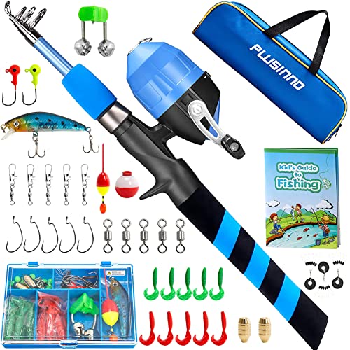 PLUSINNO Kids Fishing Pole, Portable Telescopic Fishing Rod and Reel Combo Kit - with Spincast Fishing Reel Tackle Box for...