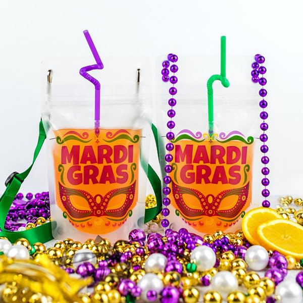 Mardi Gras NeckSip® Wearable Drink Pouches (12oz, 2pk, Gold Beads) Essential for Mardi Gras Parades, Carnival Celebration...