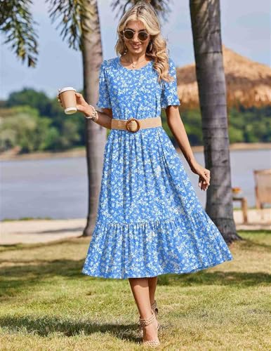 Zeagoo Womens Summer Dresses 2026 Casual Midi Dress Flowy Sundress Ruffle Short Sleeve Tiered Dresses A Line Boho Dress