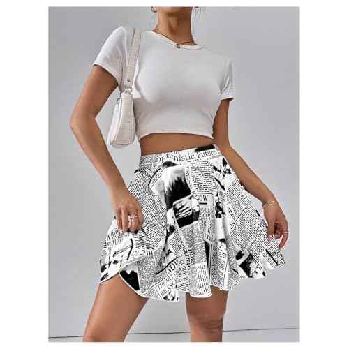 WDIRARA Women's Newspaper Graphic Print Skorts High Waist Flowy Athletic Skirts with Shorts Underneath