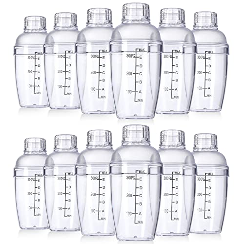 Lallisa 12 Pcs Plastic Cocktail Shaker Drink Mixer with Scales and Strainer Top Clear Shaker Cup with Measurement Plastic ...