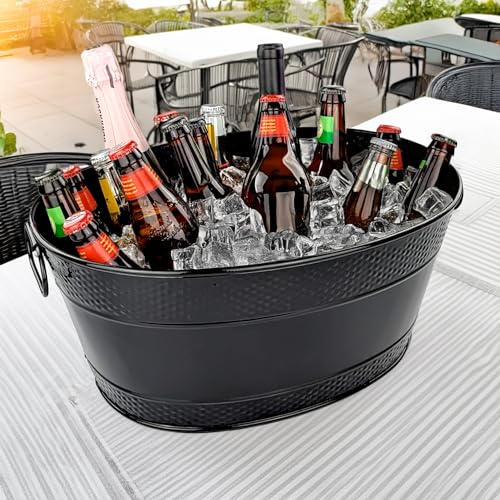 BREKX Colt Black Galvanized Beverage Tub with Handles, 16-Bottle Metal Bucket Ice Cooler to Chill Drinks, Oval Metal Baske...