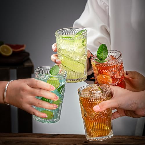 Claplante Vintage Highball Glasses, Set of 8 Glass Drinking Glasses, 13.5 oz Durable Drinkware Cups for Cocktails, Water, ...