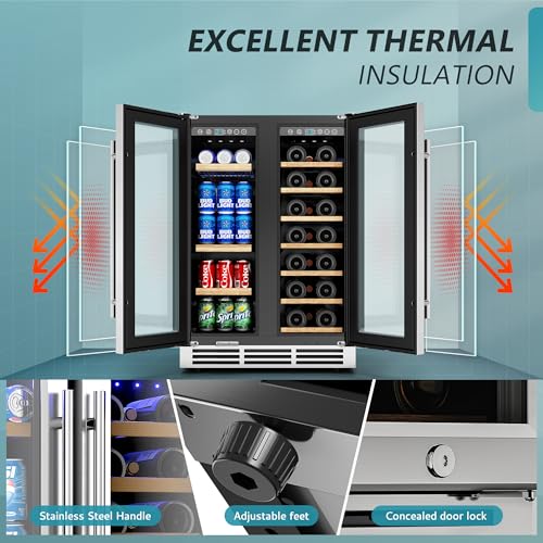 EUHOMY Wine and Beverage Refrigerator, 24 Inch Dual Zone Wine Cooler with Glass Door Hold 21 Bottles and 88 Cans, Built in...