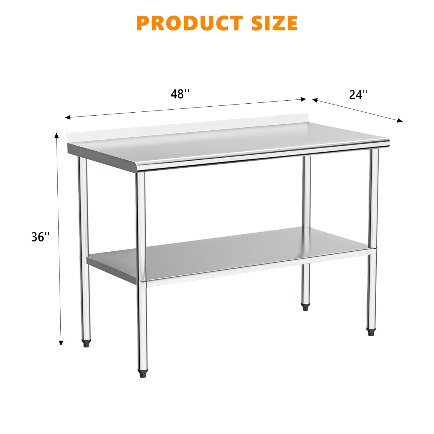 ROVSUN 48'' x 24'' Stainless Steel Table for Prep & Work,Commercial Worktables & Workstations, NSF Heavy Dut Metal Table with Adjustable UnderShelf & Backsplash for Kitchen,Restaurant,Home,Hotel