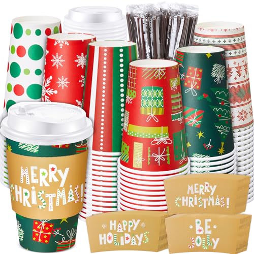 Sunnychicc 120 Sets Christmas Coffee Cups with Lids and Sleeves Stirrers Christmas Disposable Hot chocolate Cocoa Paper Cu...