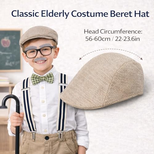 Tangrove Old Man Costume for 100 Days of School - 6PCS Set Include Beret Hat, Beard & Eyebrows,Suspenders, Bow Tie, Glasses