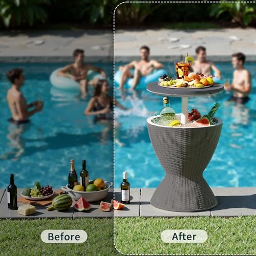 ROJIK 3-in-1 Resin Ice Bucket & Beverage Cooler – Wood Look Patio Table, UV Protection & Drain Plug for Outdoor Parties, B...
