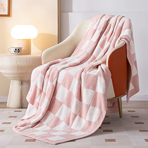 SeaRoomy Checkered Throw Blanket, Ultra Soft Microfiber Knit Throw Blanket, Cozy Fluffy Fuzzy Reversible Checkerboard Pink...