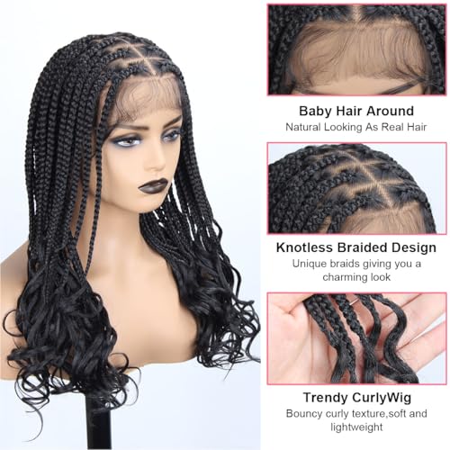 18 Inch Braided Wigs With Curly Ends, 360 Single Full Lace French Curl Braided Wigs for Black Women Knotless Box Braid Wig with Baby's Hair