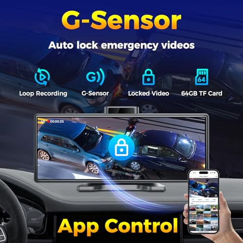 JATAZA 10.26" Wireless Apple CarPlay Android Auto Car Screen - Secure Strong Bracket, 4K Dash Cam, GPS Navigation, HD Touc...