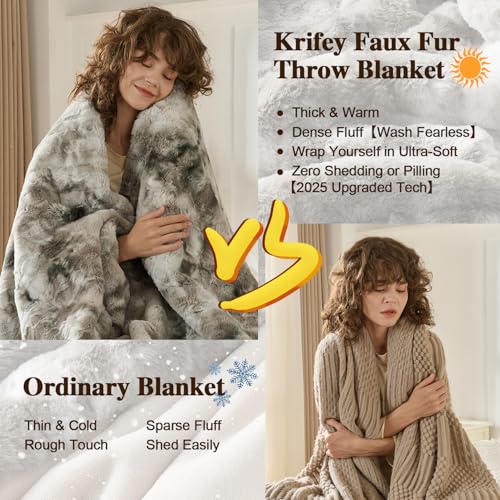 Krifey Oversized Faux Fur Throw Blanket, Soft Fluffy Fuzzy Cozy Blanket for Couch, Sofa and Bed, Luxury Mink Plush for Wom...