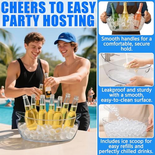 Whalead Ice Buckets for Parties Set of 2 – 5L Clear Beverage Tub with Ice Scoop & Faux Petals, Large Drink Buckets for Win...