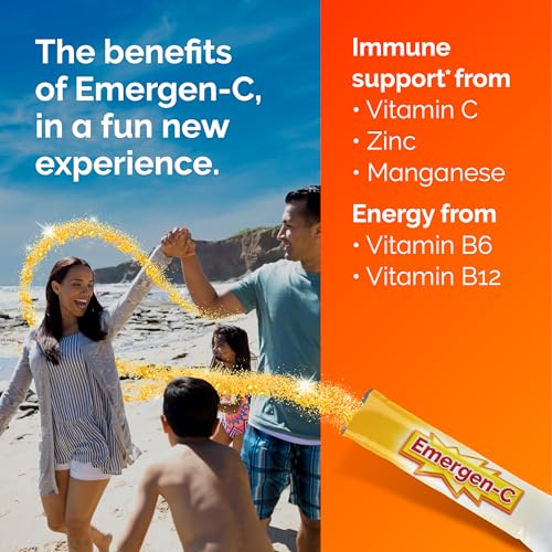 Emergen-C Crystals, On-the-Go Emergen-C Immune Support Supplement with Vitamin C, B Vitamins, Zinc and Manganese, Orange V...