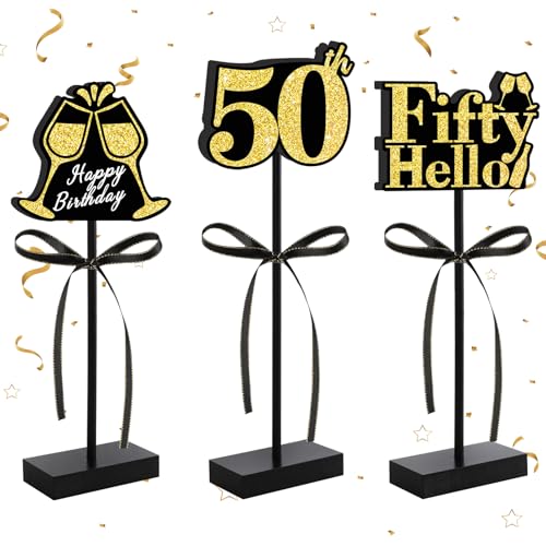 BAOOOFUL 50th Black Gold Glitter Centerpieces for 50th Birthday Table Decorations,Wood Signs Happy Fifty Years Old B-Day T...