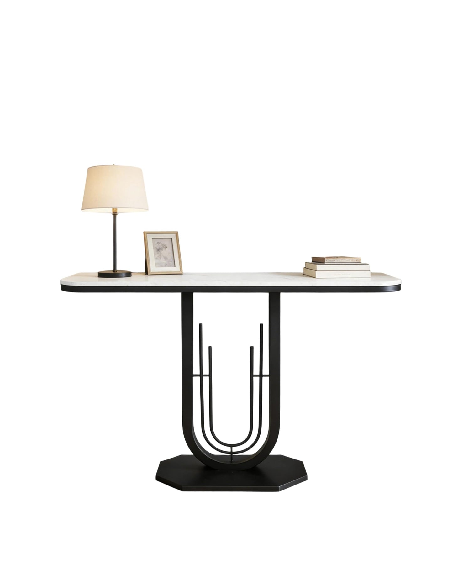 39.37'' Rectangle Narrow Console Table with Marble Top, Elegant Sofa Table Modern Entryway Tables, Round-Shaped Metal Frame, for Entry, Behind Sofa Couch, Entrance, White & Black Metal Base