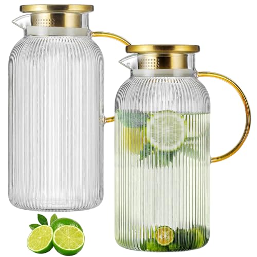 Buaic 2 PACK Glass Pitcher with Lid, 68 oz/ 2 Liter Classic Vertical Stripes Water Pitcher with Yellow Handle,Glass Water ...