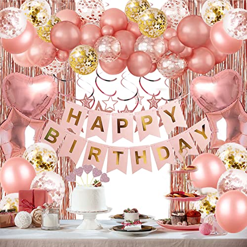 Rose Gold Birthday Party Decorations, Happy Birthday Banner, Rose Gold Fringe Curtain, Heart Star Foil Confetti Balloons, ...