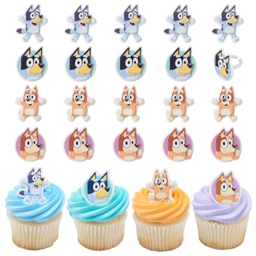 DecoPac Bluey So Much Fun Rings, 24 Cupcake Decorations Featuring Bluey, Bingo, Bandit, and Chilli, 3D Food Safe Cake Topp...